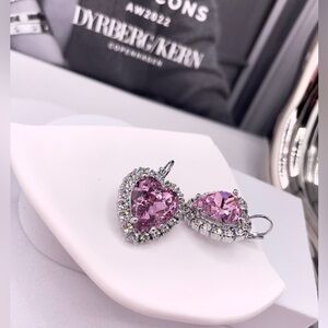 Light Rose Heart And Clear Crystals Silver Earrings, Rose Quartz Heart Charm